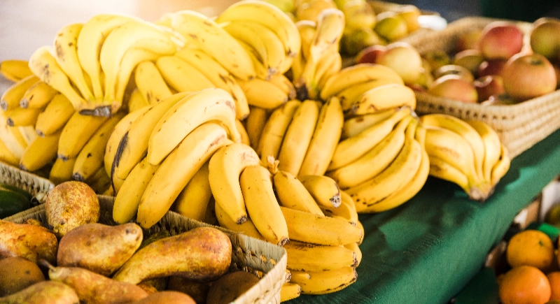 Muitas bananas em uma mesa de feira, escolha uma para seu bolo de banana!